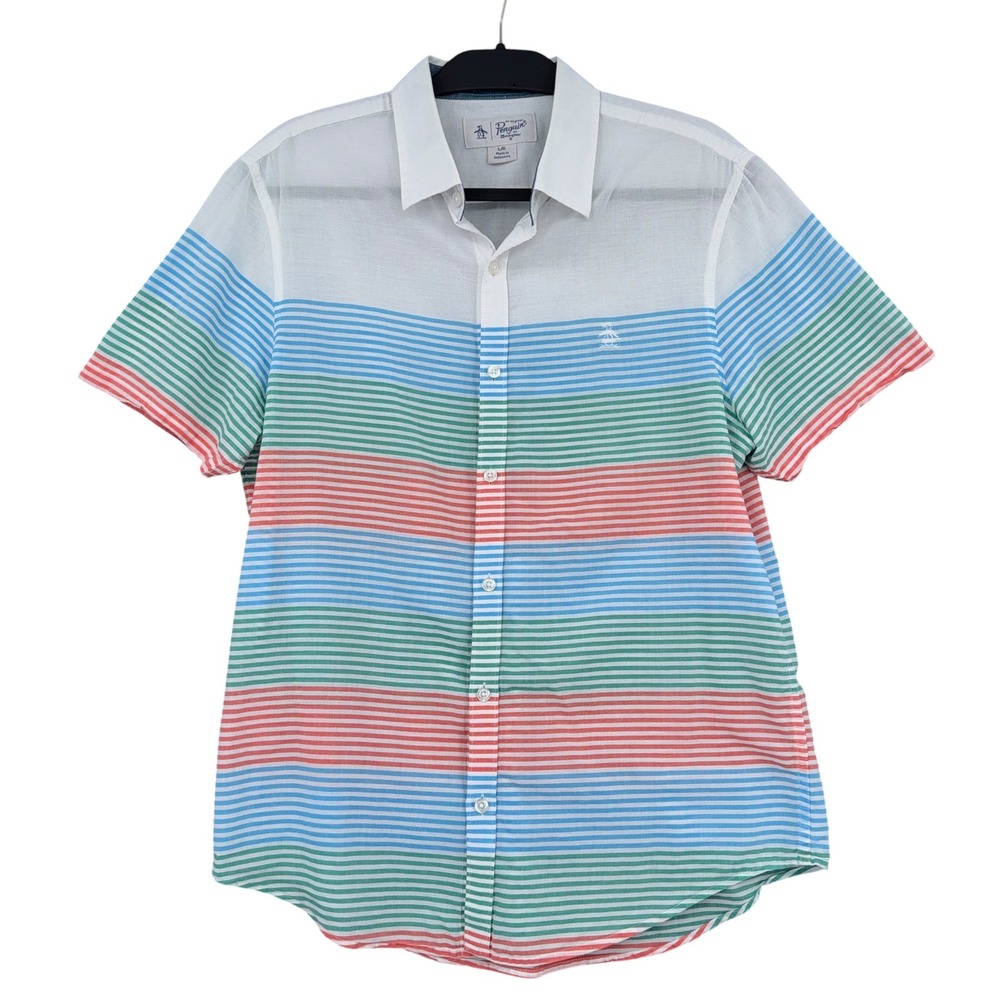 Original Penguin Striped Shirt Mens L Heritage Slim Fit Short Sleeve Multi